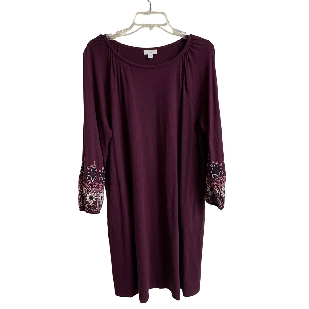J. Jill Plum Burgundy Wine Embroidered Cuff Pocket Shift Knit Dress Large Boho